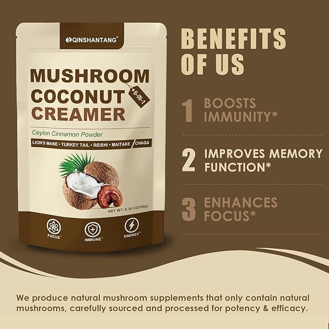 Mushroom Coconut Creamer, Natural Creamer for Coffee, 5 Mushrooms Extract |Lion's Mane, Turkey Tail, Reishi, Maitake, Chaga and Ceylon Cinnamon | Boosts Focus, Immunity and Energy | 6.35oz