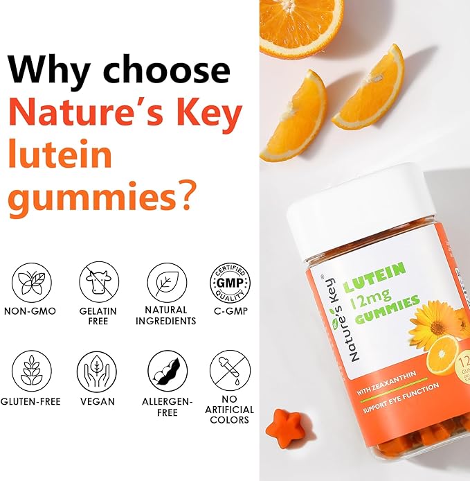 Nature's Key Lutein Gummies 12mg with Zeaxanthin & Vitamin A for Kids and Adults | Eye Health and Brain Function Supplement | Orange Flavor, 120Ct