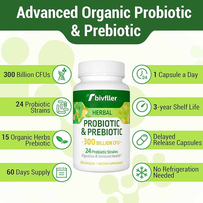 Probiotics for Women Men- 300 Billion CFU, 24 Strains Probiotic+15 Organic Herbs Prebiotics Blend, Pre and Probiotics, for Digestive Health, Immune & Gut, Diarrhea, Bloating, Vegan, 2 Month Supply
