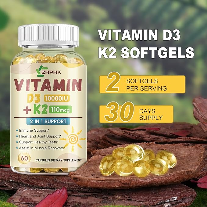 D3 K2 Vitamin 10,000 IU, K2 Vitamin with D3 Supplement High Potency Non-GMO Formula, Immune Supports, Bone & Heart Health Microingredients Vitamin D3 K2 Complex (MK-4 & MK-7), 60 Softgels