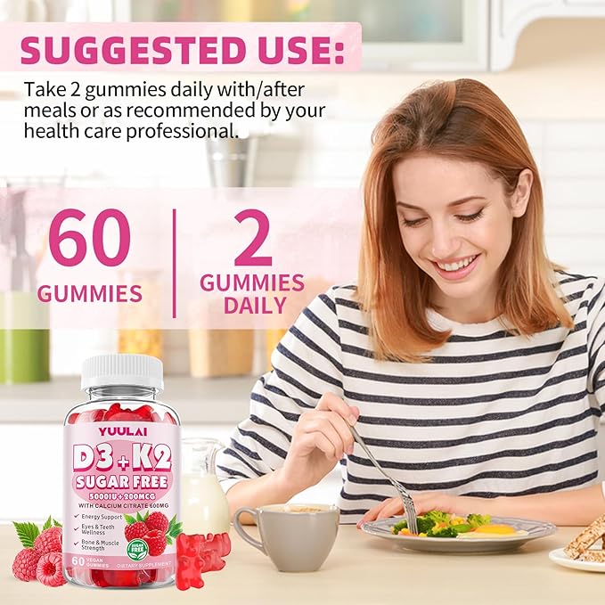 Vitamin D3 K2 Gummies, D3 Vitamin 5,000 IU + K2 200mcg - Vegan K2 D3 Vitamin Supplement, Highly Absorbent Supports Bone, Muscle, Immune, Raspberry, 60 Count