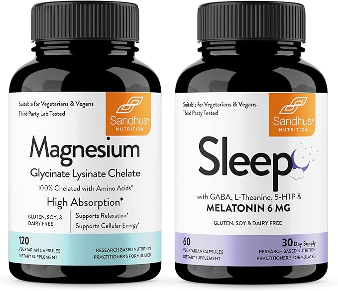 Sandhu's Magnesium Glycinate Lysinate Easy to Swallow 120 Capsules & Sleep 60 Capsules –Non-Habit Forming 5-in-1 Sleep Aid Supplement| Supports Restful Sleep, Muscle & Heart Health | Made in USA