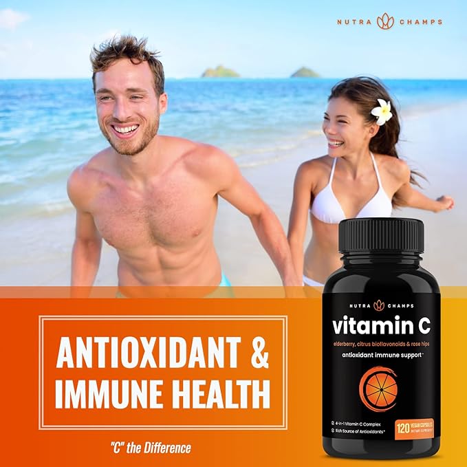 NutraChamps (2 Pack) Vitamin C 1000mg with Elderberry, Citrus Bioflavonoids & Rose HIPS - 120 Capsules Vegan, Non-GMO Antioxidant Supplement for Immune Health & Collagen Production 500mg Powder Pills