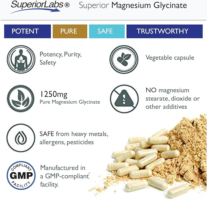 Superior Labs - Magnesium Glycinate - 1250 mg, 120 Vegetable Capsules - Essential Mineral - Maintains Energy - Healthy Bones and Muscle Function- Relaxation & Sleep