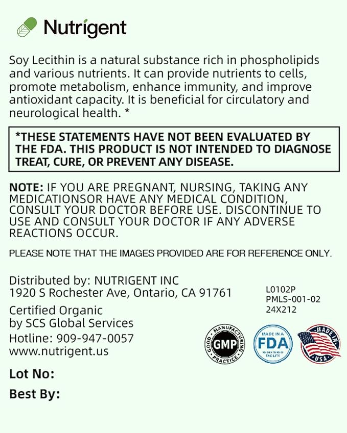 USDA Organic Soy Lecithin Supplement 800 mg, High Absorption Liquid Organic Capsules, Choline Lecithin Supplement for Brain & Liver Health Support, Non-GMO, Gluten Free, 60 Count
