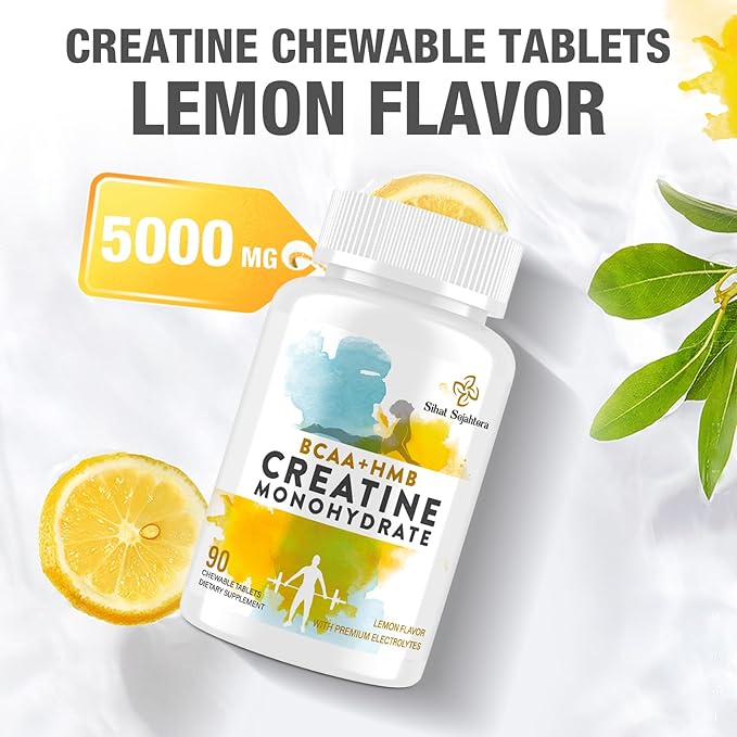 8-in-1 Creatine Monohydrate with BCAA & HMB, 5000 mg for Men & Women, Creatine Chews for Muscle, Recovery, Endurance & Strength, High Absorption, Lemon Flavor, Sugar-Free, 90 Tablets