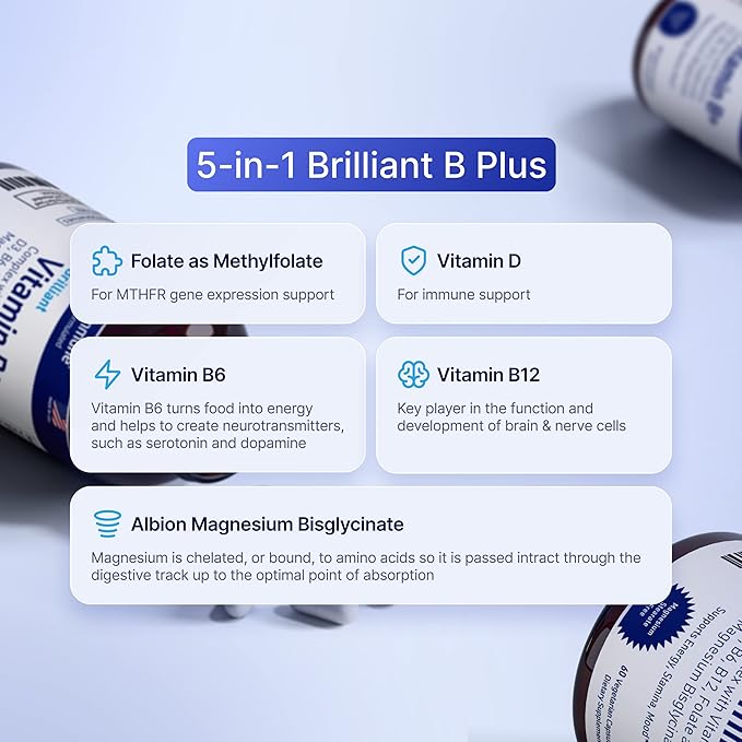 Vitamin B Complex with Vitamin D3 B12 B6 Magnesium Bisglycinate and Folate as Methylfolate - Doctor Formulated Methylated B Complex Supplement – 60 Capsules - Without Niacin