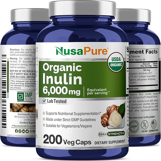 NusaPure Inulin Powder 20:1 Extract, 300 mg Equivalent to 6,000mg | 200 Veggie Capsules |USDA Organic and Non-GMO Supplement