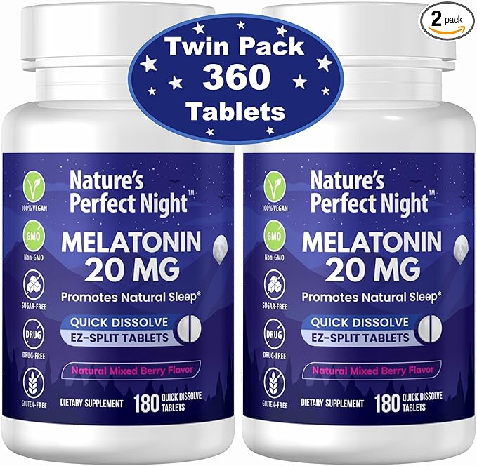 Nature's Perfect Night | Melatonin 20mg | 180 Quick Dissolve Tablets, 2-Pack | Natural Mixed Berry Flavor |High Potency | Sugar Free | Vegan | Gluten Free | 2 Count