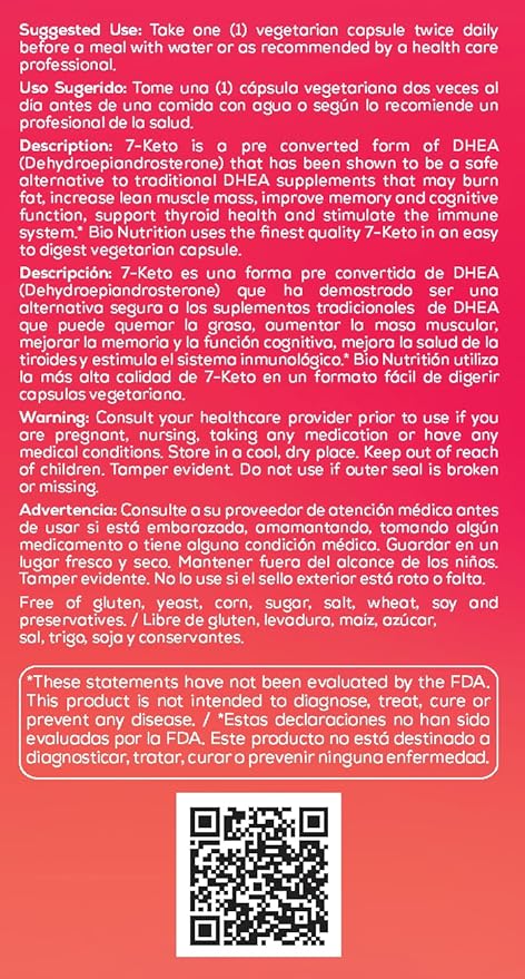 Bio Nutrition 7-Keto 50 Vegetarian Capsules | DHEA 50mg | Promotes Strong Immune Health | Energy & Stamina