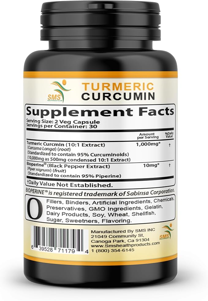 Turmeric Curcumin Supplement 1,000mg – 95% Curcuminoids with BioPerine® Black Pepper for Absorption – Vegan, Non-GMO, Made in USA – 60 Capsules
