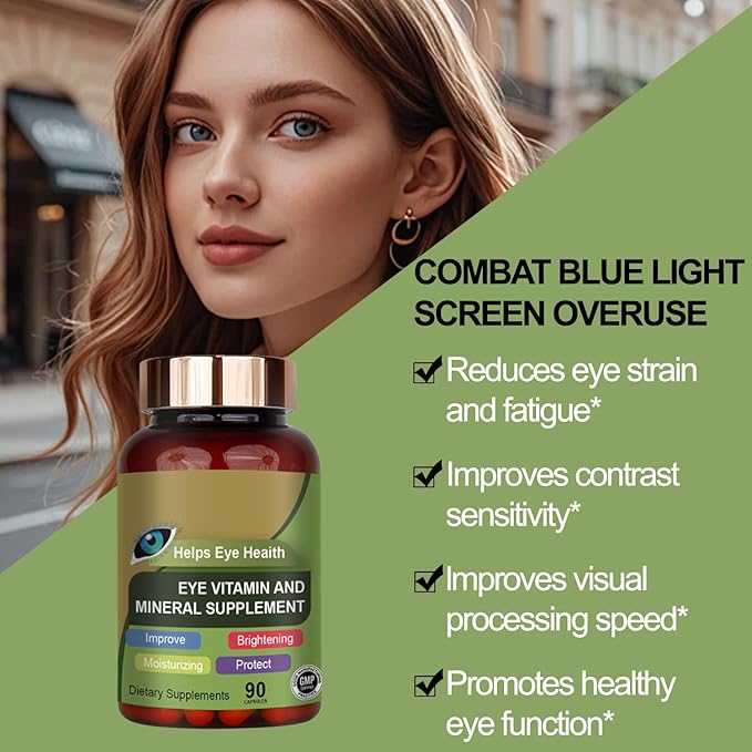 Lutein Eye Vitamin & Mineral Supplement, Zeaxanthin, Supports Eye Strain, Support Eye Health with Vitamins C & E, Vegan Eye Vitamins Supplement - 90 Capsules