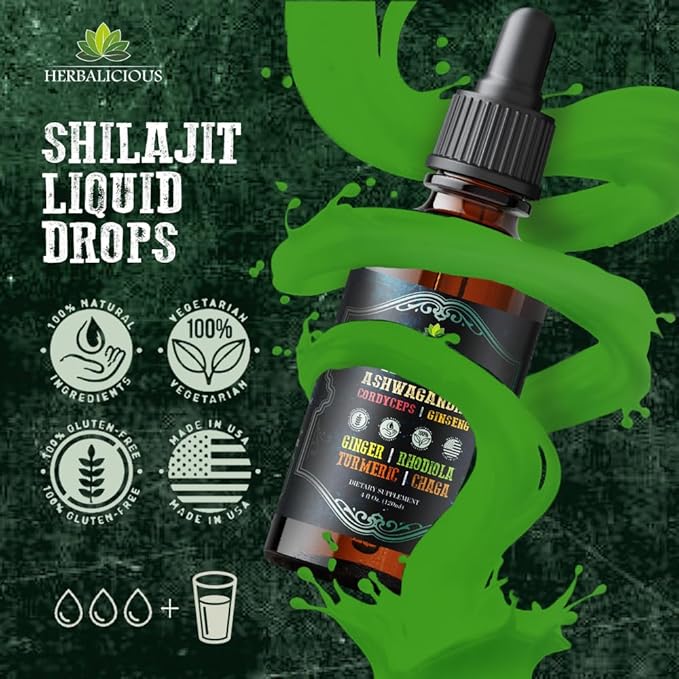 Shilajit Liquid Supplement with Ashwagandha, Cordyceps, Ginseng, Rhodiola, Turmeric, Chaga & Ginger – 8-in-1 Adaptogenic Herbal Drops for Energy, Stress Relief, Focus & Immune Support 4 fl oz