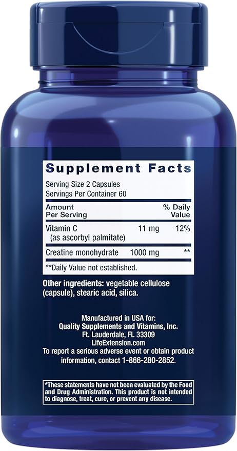 Life Extension Creatine Capsules – Creatine Monohydrate – Promotes Strength, Lean Muscle, Healthy Endurance – Non-GMO, Gluten-Free – 120 Capsules