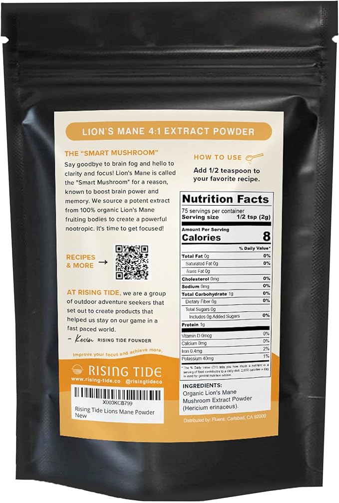 Rising Tide Organic Lions Mane Mushroom Powder - Highly Concentrated and Packed with Nourishing Compounds to Boost Focus, Creativity, and Memory - 4 OZ Vegan, Non-GMO Lions Mane Extract Powder