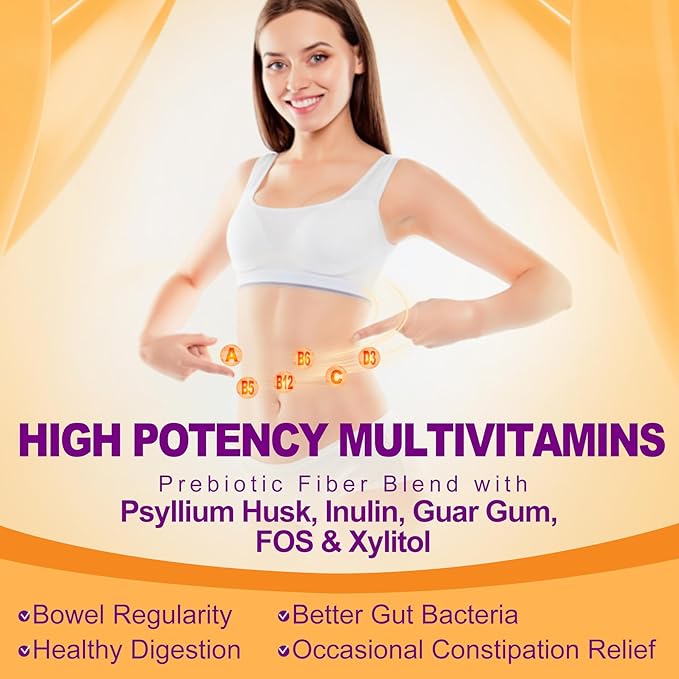 1Pack Fiber Gummies with Probiotics for Adults, 7G Soluble Fi ber + Insoluble Fi ber, Sugar Free with Psyllium Husk, Inulin, Fos, Multivitamins for Daily Digestive Health, Regularity Gut Support