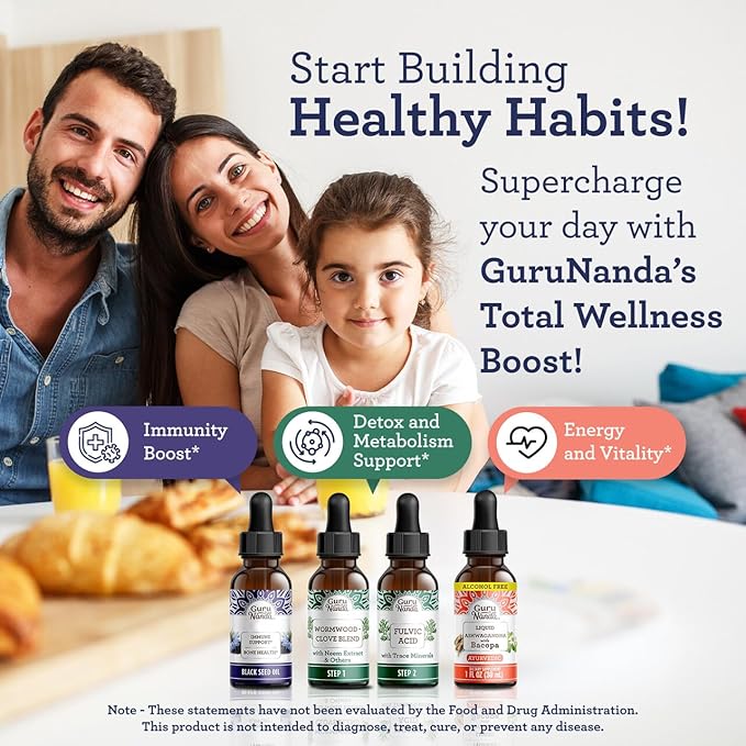 GuruNanda Total Wellness Boost with Liquid Ashwagandha, Black Seed Oil & GutCleanse - Helps with Immunity and Mind Care