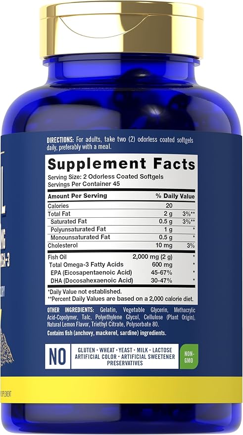 Carlyle Fish Oil 2000mg | 600mg Omega 3 Supplement for Men & Women | 90 Odorless Softgels | Lemon Flavored | Non-GMO and Gluten Free