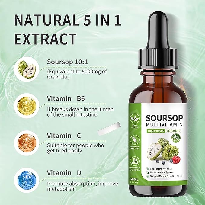 Soursop Bitters Liquid 2 Fl Oz, Soursop Graviola Leaf Extract Liquid Drop, Soursop Multivitamin Liquid Drops Organic for Cell Support, Immune System, Relax