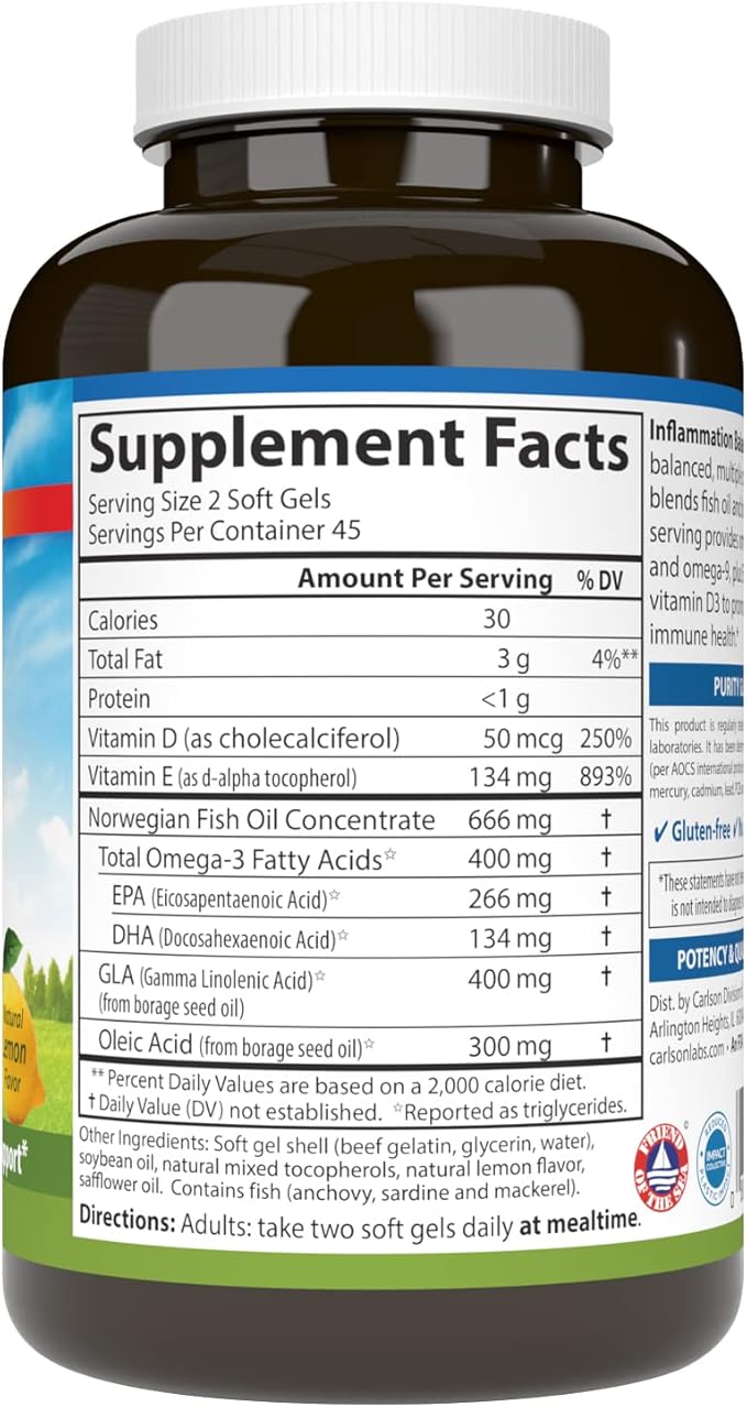 Carlson - Balanced Omega-3 & Omega-6 Ratio, with D3, Norwegian, Wild-Caught Fish Oil Supplement with Fatty Acids, Sustainably Sourced Fish Oil Capsules, 90 Softgels