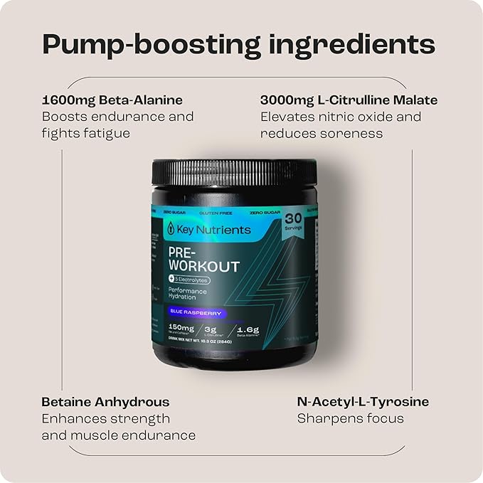 KEY NUTRIENTS Pre Workout Powder with 5 Electrolytes - Blue Raspberry No Sugar - 150mg Caffeine, L-Citrulline, Beta Alanine, L-Tyrosine - Natural Preworkout for Men & Women (30 Servings)