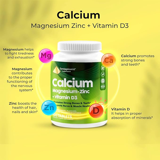 Health Pyramid Calcium Magnesium Zinc with Vitamin D3 Supplement for Strong Bones and Teeth Cal Mag Zinc Supports Nerve and Muscle Health 100 Vegan Tablets