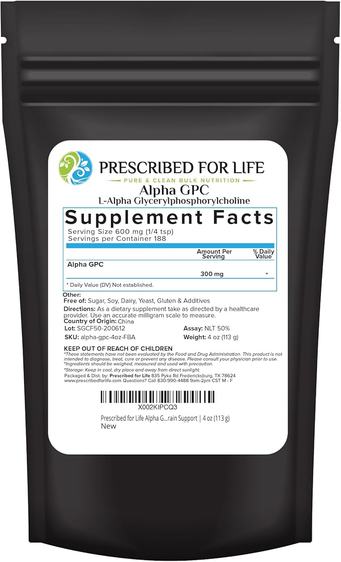 Prescribed For Life Alpha GPC Powder, L Alpha glycerylphosphorylcholine, Choline Supplement for Cognitive Function and Healthy Memory & Brain Support, Non GMO, Vegan, Soy Free (4oz / 113g)