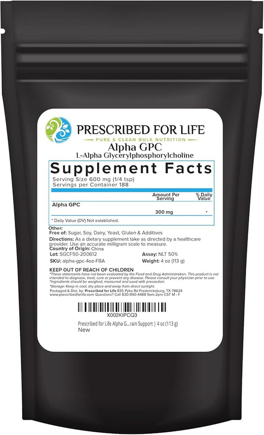 Prescribed For Life Alpha GPC Powder, L Alpha glycerylphosphorylcholine, Choline Supplement for Cognitive Function and Healthy Memory & Brain Support, Non GMO, Vegan, Soy Free (4oz / 113g)