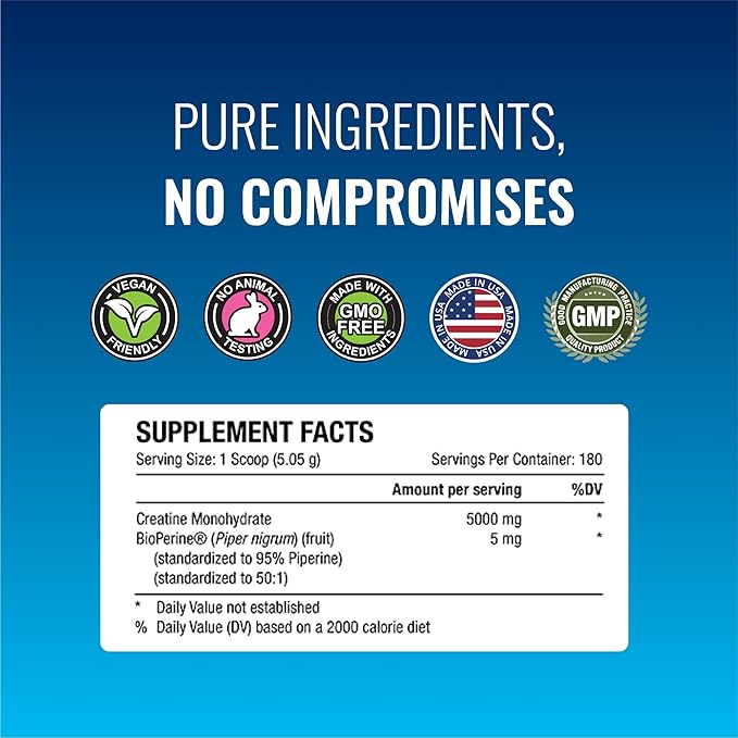 Approved Science Creatine Monohydrate Powder with BioPerine - Supports Lean Muscle Growth and Recovery - 180 Servings - 5g Per Serving - Unflavored - Non-GMO, Vegan