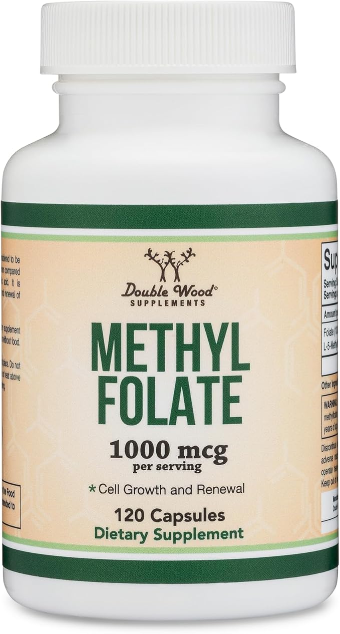 Methylfolate 1,000mcg, 120 Capsules (Third Party Tested Methyl Folate Supplement) Methylated Folate is a More Active Form of Folate Than Folic Acid (Non-GMO, Vegan Safe) by Double Wood