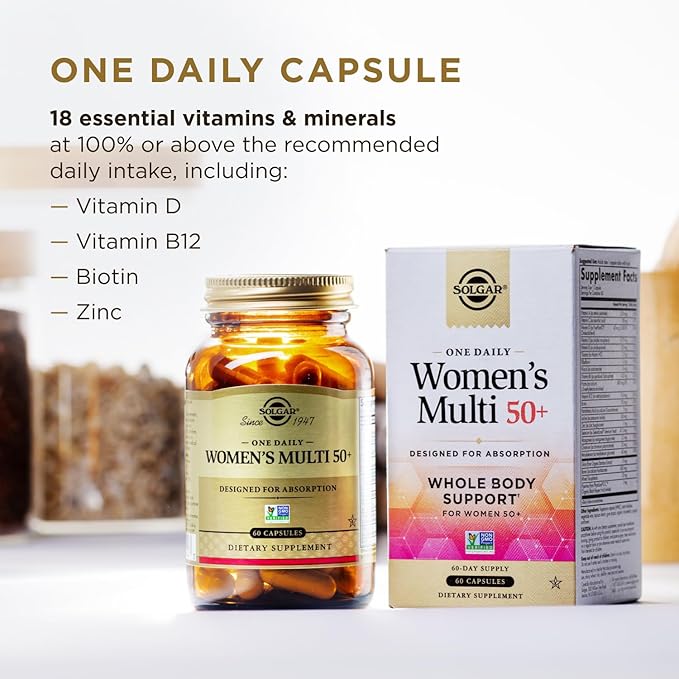 Solgar One Daily Women's Multi 50+ Whole Body Support for Women 50 and Older - Highly Absorbable Heart, Bone & Breast Health, Energy, Stress, Hair Skin & Nails Multivitamin, 60 Vegan Capsule Servings