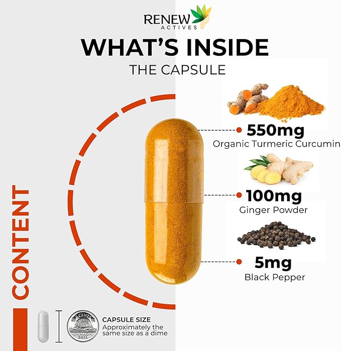 Renew Actives Turmeric Curcumin 1000MG & 200MG Ginger per 2 Capsules - Potent Antioxidant with Bioperine & Black Pepper Blend for Digestive & Liver Health - Made in Canada - 60 Capsules