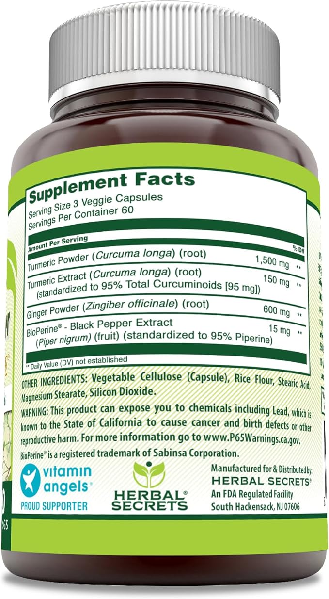 Herbal Secrets Turmeric Curcumin & Ginger with BioPerine Supplement | 2,250 Mg Per Serving | 180 Capsules | Non-GMO | Gluten Free | Made in USA