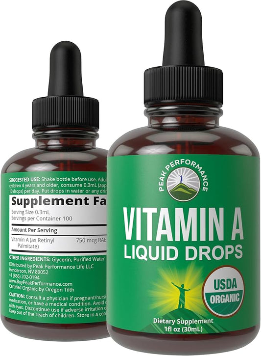 USDA Organic Vitamin A Liquid Drops Supplement. Vegan High Bioavailability For Eye, Skin, and Bone Health. For Adults, Men, Women, Kids. Organic Vit A Oil Retinyl Palmitate. Gluten Free, Zero Sugar