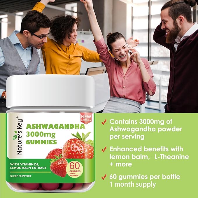 Nature's Key Upgraded 2.0 Ashwagandha Gummies, 3000mg Extra Potency Ashwagandha Supplement | with Vitamin D2, Lemon Balm, & Black Pepper ,for Stress Relief and Good Sleep (60 Count, Pack of 1)