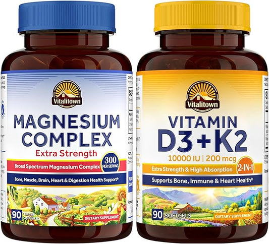 Vitalitown Magnesium Complex and Vitamin D3 K2 Bundle (Pack of 2) | Magnesium 5-in-1 Complex (Item 1) & Vitamin D3 K2 Supplement (Item 2) | 90 Capsules + 90 Softgels