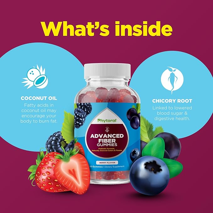 Advanced Fiber Gummies for Adults - Chicory Root Supplement with Prebiotic Support & Coconut Oil for Gut & Digestive Health - Soluble Digestion Capsules for Stomach Regulation & Immune Aid - 60 Ct