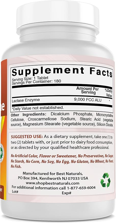 Best Naturals Lactose Intolerance Relief Tablets with Natural Lactase Enzyme, Fast Acting High Potency Lactase, 9000 FCC ALU, 180 Count