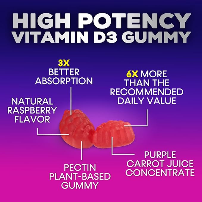 Vitamin D3 Supplement Gummy 5000 IU (125 mcg) Dietary Vitamins D for Men & Women - Bone, Teeth, Muscle & Immune Health Support, High Potency VIT D3 Nature's Non-GMO & Gluten Free - 60 Gummies