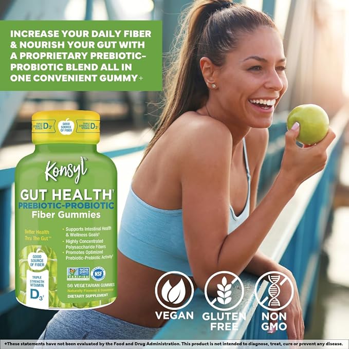 Konsyl Gut Health Prebiotic - Probiotic Fiber Gummies - Helps Support Digestive Health+ - Vegetarian Fiber Supplement Gummies for Adults- 56 Count