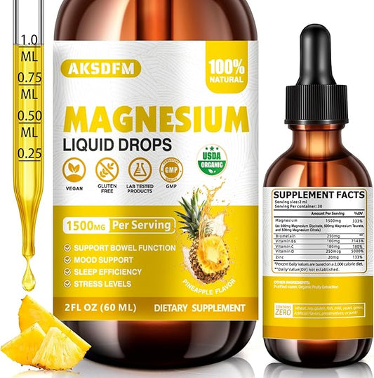 Magnesium Glycinate Liquid - 1500mg Maximized Absorption Magnesium Complex Supplement to Support Stress Relief, Night, Heart Health, Nerves and Muscles - Pineapple Flavor (60ml)