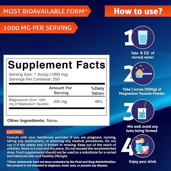 Vitamatic Magnesium Taurate 1000mg per Serving Supports Muscle, Joint, and Heart Health 250 Grams - 250 Servings