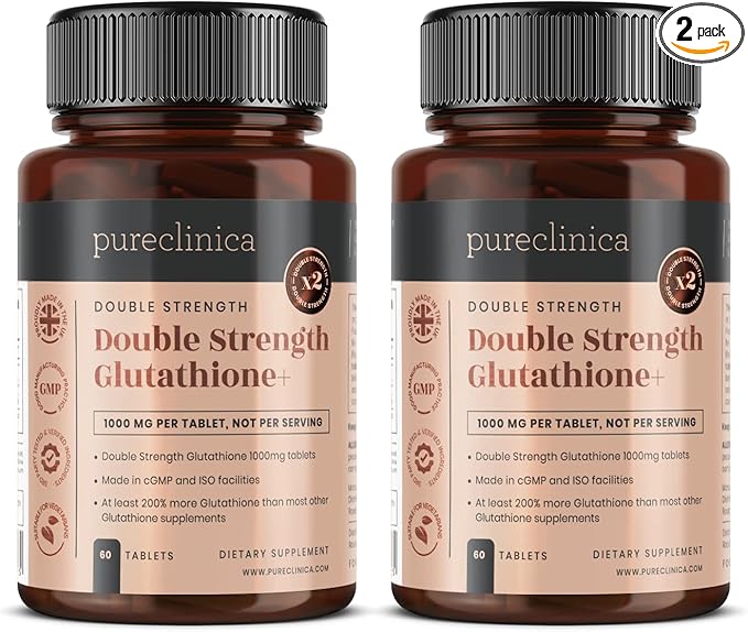 pureclinica Double Strength Glutathione 500mg x 60 Tablets - 2 Bottles (120 Tablets). 500mg Reduced Glutathione, 300mg Vitamin C, 200mg Alpha Lipoic Acid. 200% Stronger Than Regular Glutathione.
