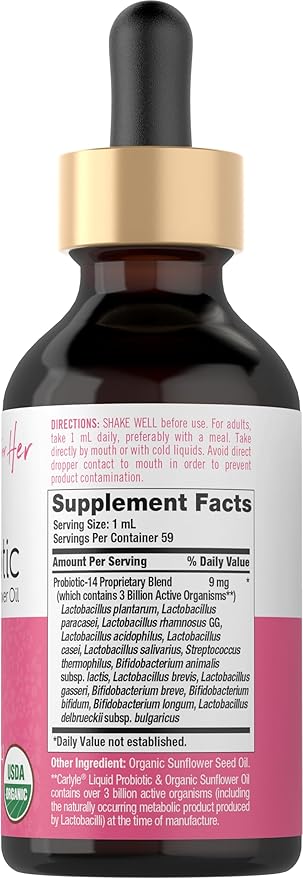 Carlyle Liquid Probiotic for Women | 2 fl oz | with Organic Sunflower Oil | 3 Billion Active Organisms | Dietary Supplement for Her