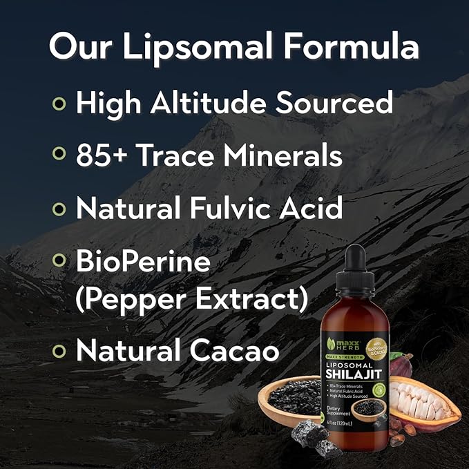 Maxx Herb Pure Himalayan Shilajit – Liquid Liposomal Formula with Black Pepper BioPerine & Cacao - Energy Boost & Immune Support, 85+ Trace Minerals, 20% Fulvic Acid – 4 Oz Bottle (60 Servings)