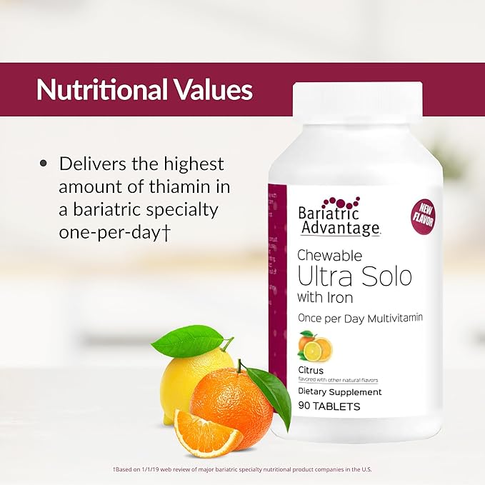 Bariatric Advantage Chewable Ultra Solo with Iron - Once-Per-Day Daily Multivitamin - for Patients - with Thiamin, Vitamin A & More - Gluten Free - Citrus - 90 Tablets