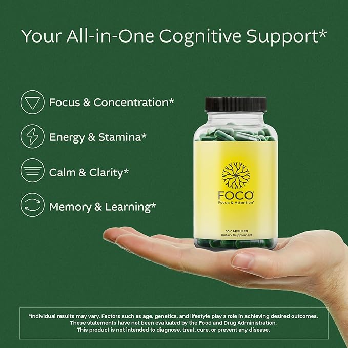 Think FOCO Capsules (13+) Focus Supplement for Teens & Adults - Natural Focus in 30 Minutes - Brain Supplements for Memory and Attention - Vegan Vitamin, Gluten Free Supplements, Non GMO Vitamins