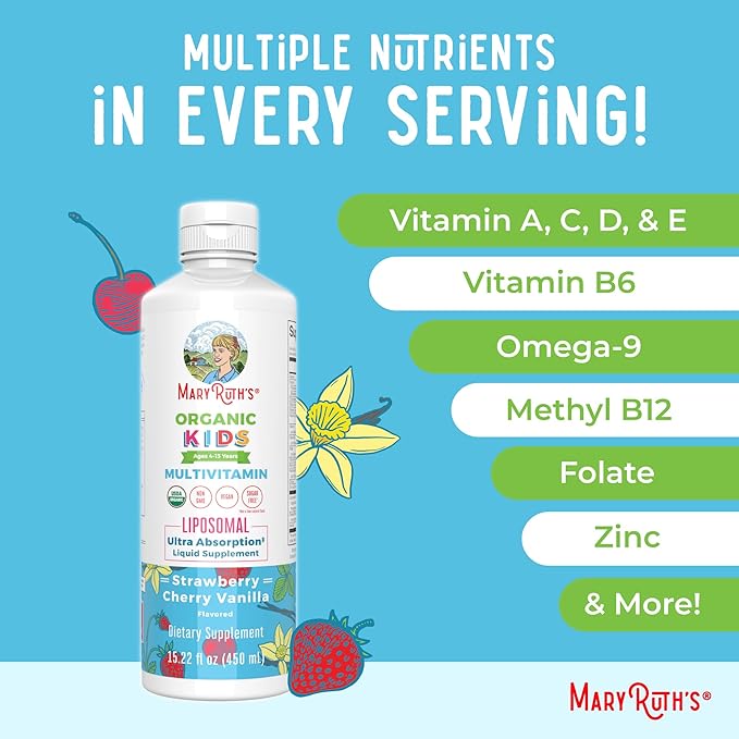 MaryRuth Organics Kids Multivitamin (Strawberry Cherry & Vanilla) & Turmeric & DHA Liposomal (Sweet Ginger) | Clean Label Project Verified® | Vitamins for Joint Health & Overall Wellness | Vegan