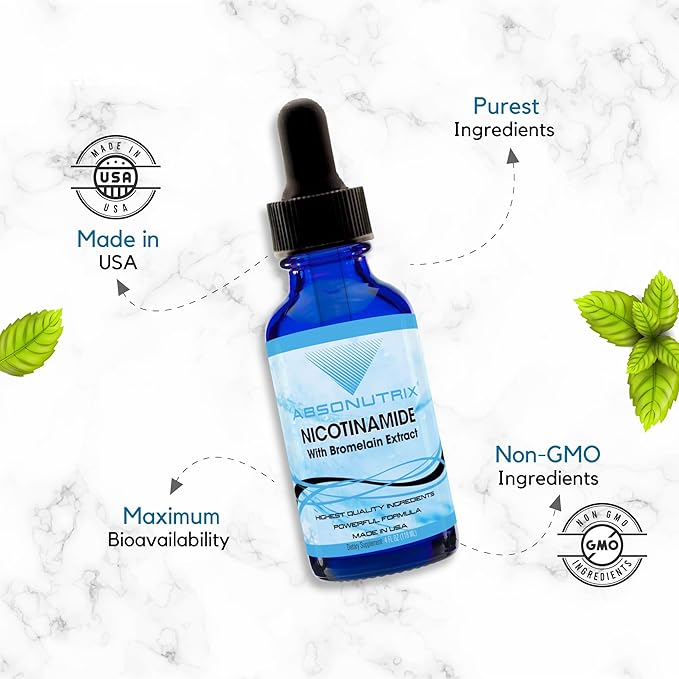 Absonutrix Nicotinamide with Bromelain Extract Advanced Formula 390 mg, 4 Oz Liquid, 302 Servings, Made in USA, Quick Absorption, Quality Potent Ingredients, Non-GMO, GMP Certified Facility