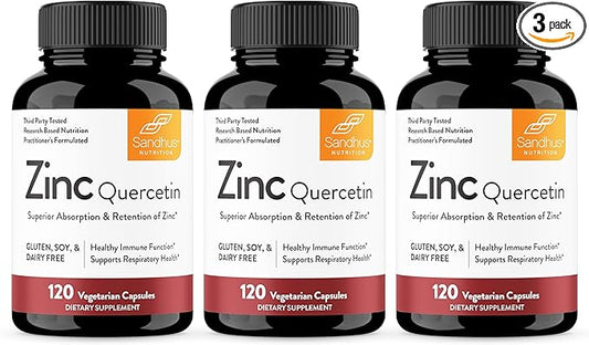 Sandhu’s Zinc Quercetin 120 Vegetarian Capsules (Pack of 3) – Zinc Supplements for Antioxidant Immune Support for Men and Women – Gluten, Soy, Dairy Free